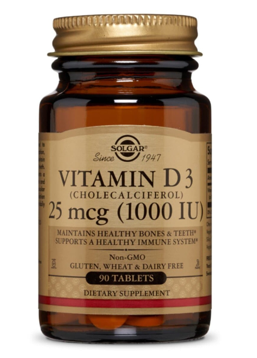Витамин D3, Холекальциферол, Cholecalciferol, 25 мкг, 1000 МЕ,, 90 таблеток Solgar (228293145)