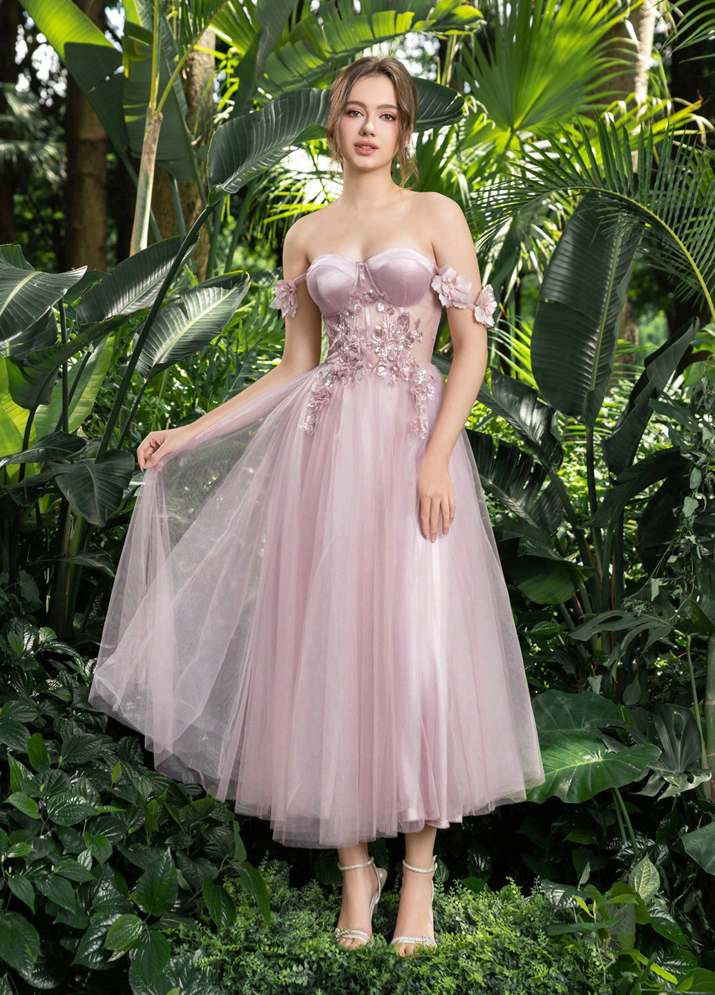 Светло-розовое праздничный, вечернее платье а-силуэт, с корсетом, с открытой спиной SHEIN однотонное