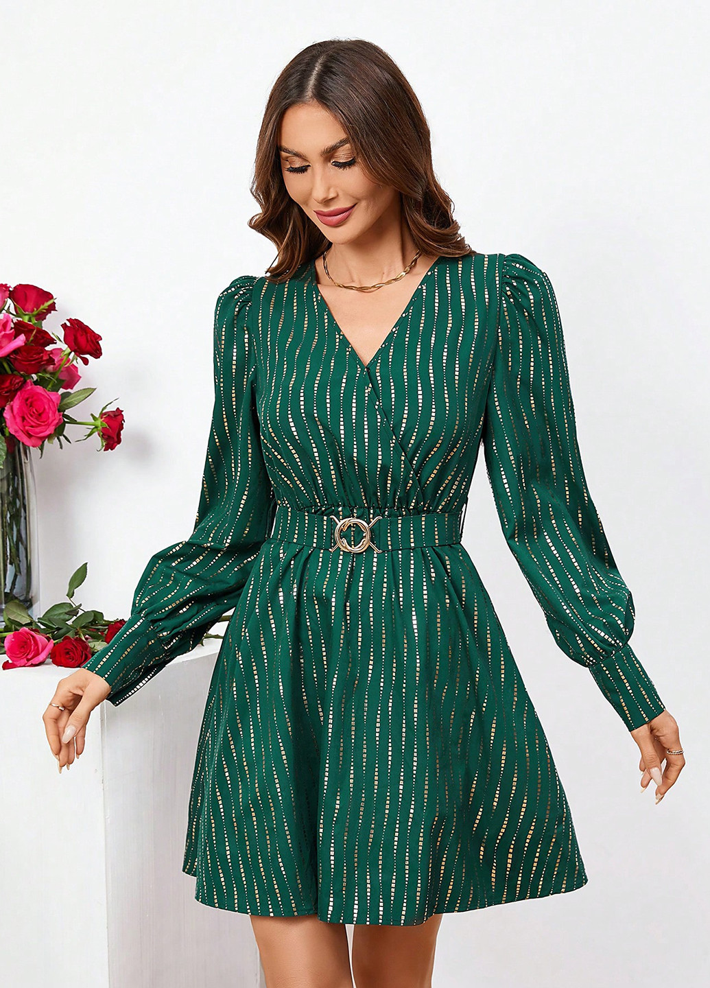 Темно-зеленое кэжуал платье клеш SHEIN в полоску