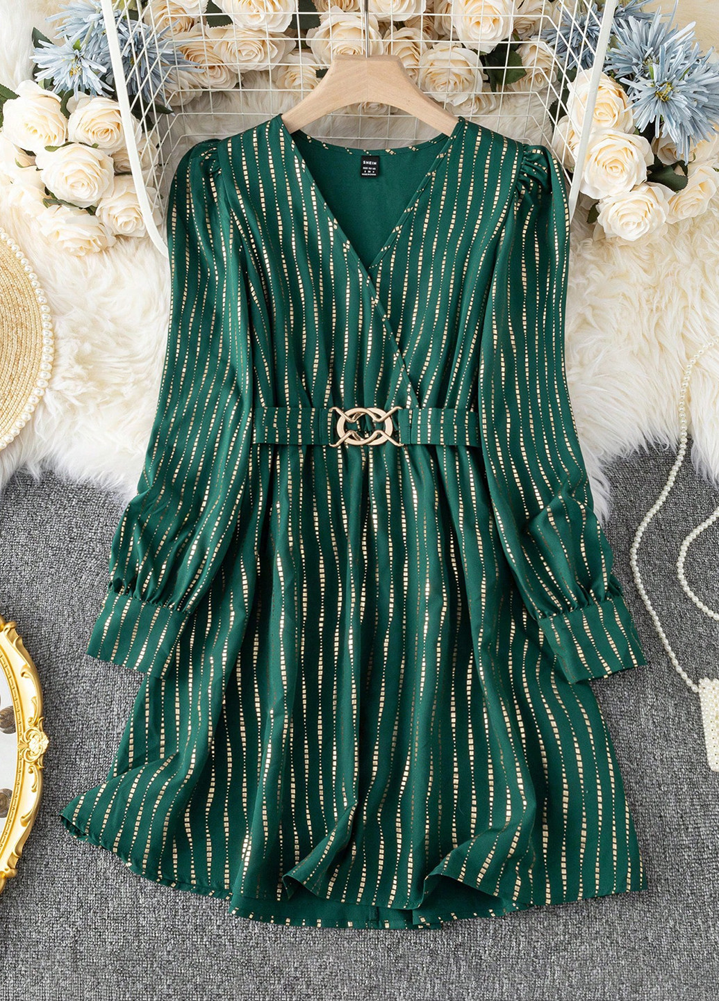 Темно-зеленое кэжуал платье клеш SHEIN в полоску
