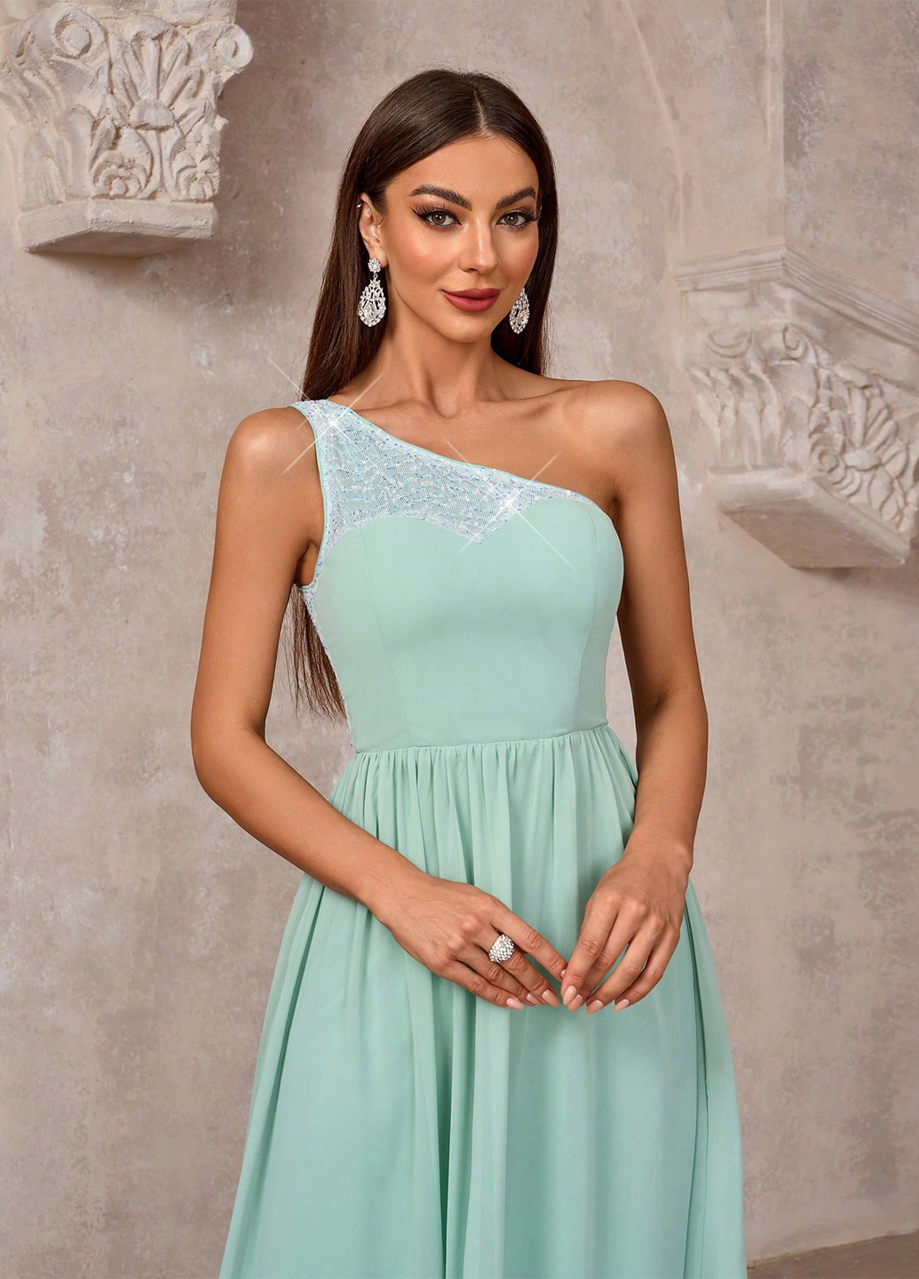 М'ятна вечірня сукня на одне плече SHEIN однотонна