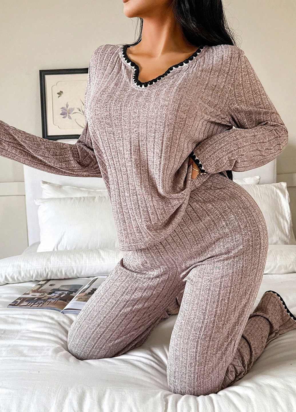 Розово-коричневый демисезонный комплект (пуловер, брюки) SHEIN