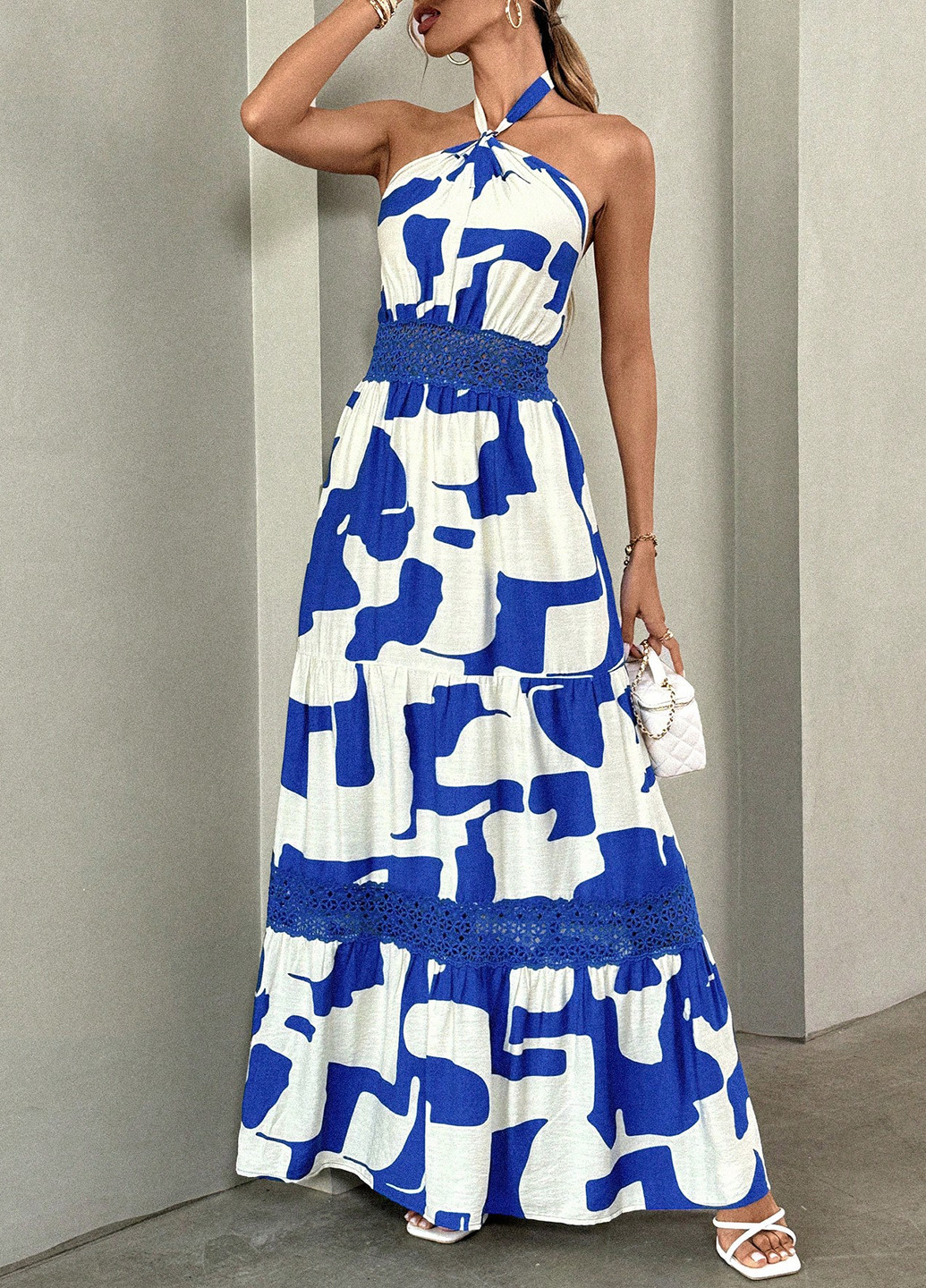 Комбінована святковий, кежуал сукня а-силует, з відкритими плечима, з відкритою спиною SHEIN з абстрактним візерунком