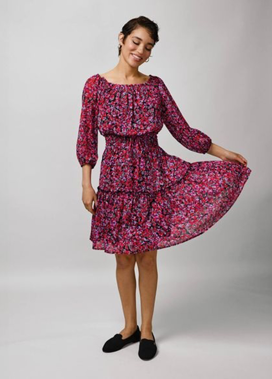 Бордовое кэжуал платье клеш Studio 1886 с цветочным принтом