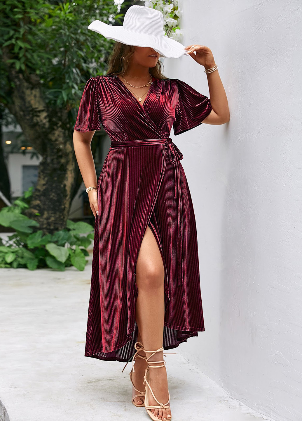 Бордовое кэжуал платье на запах SHEIN однотонное