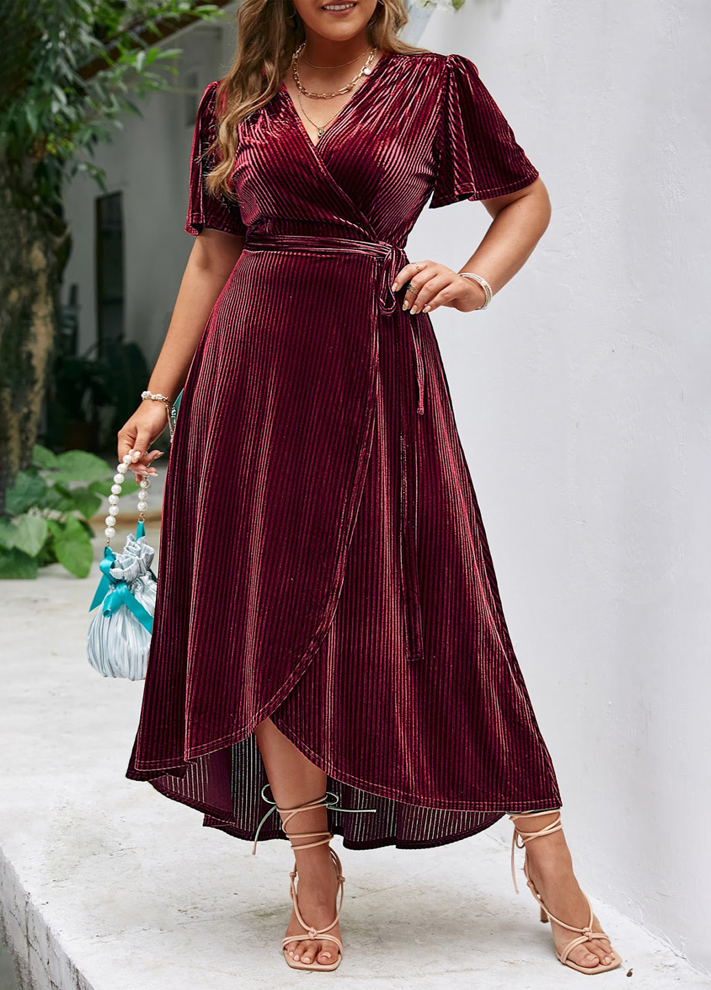 Бордовое кэжуал платье на запах SHEIN однотонное