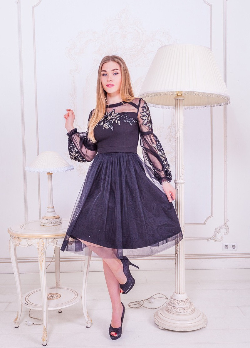 Черное вечернее платье а-силуэт, с юбкой-солнце, колокол FashionYouWant однотонное