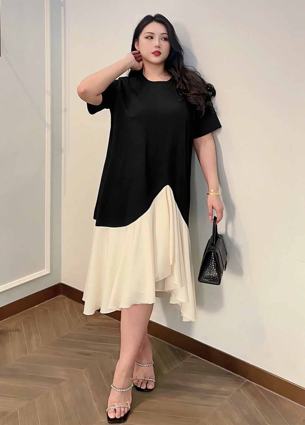 Черное кэжуал платье а-силуэт SHEIN колор блок