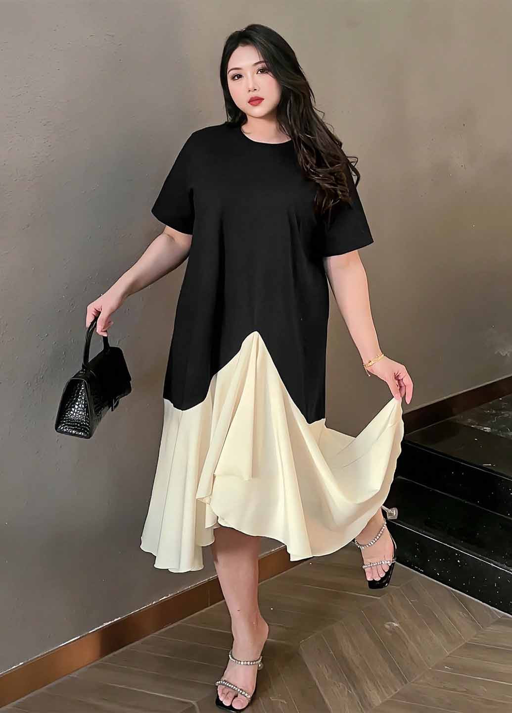 Черное кэжуал платье а-силуэт SHEIN колор блок