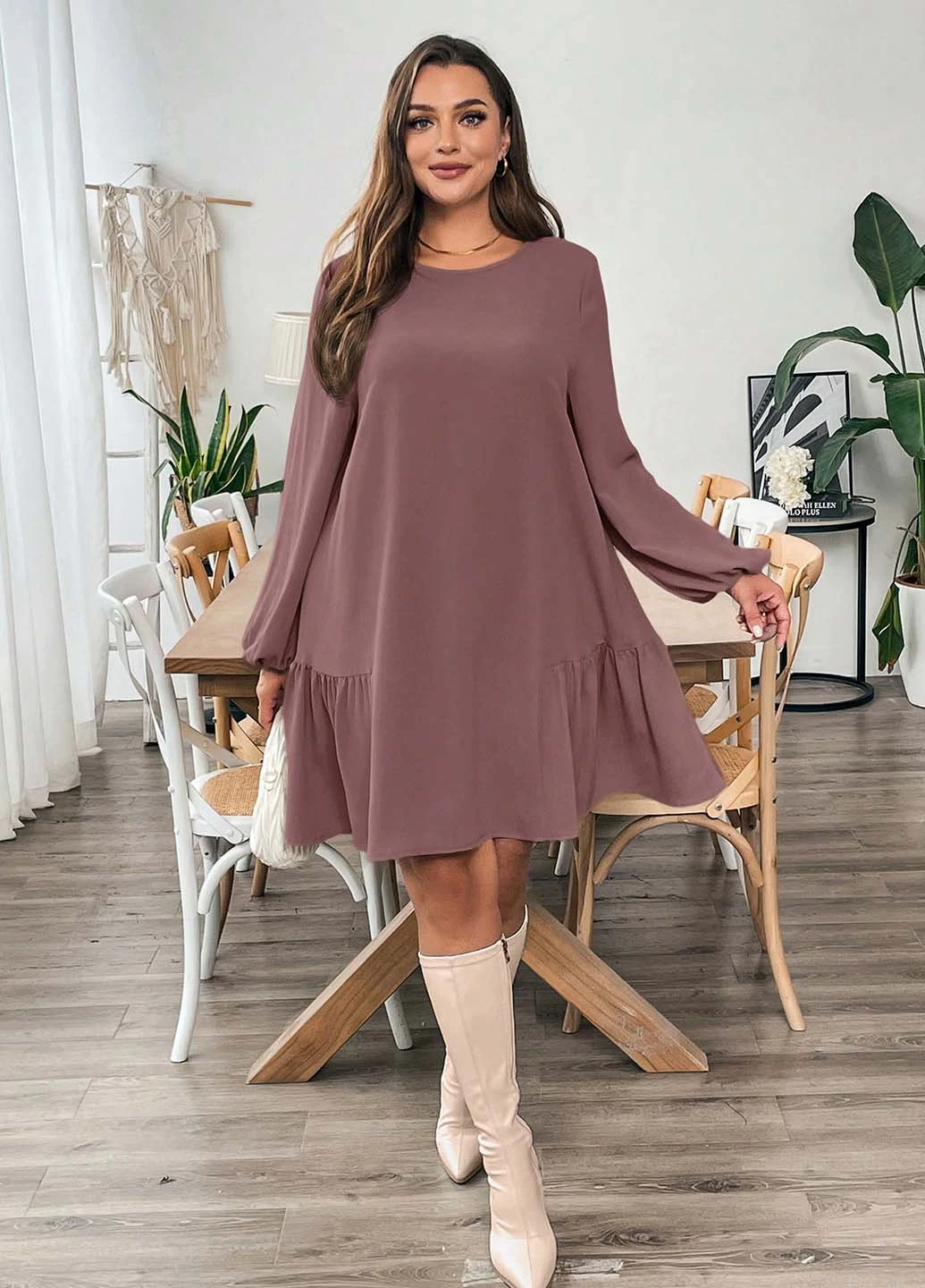 Розово-коричневое кэжуал платье а-силуэт SHEIN однотонное