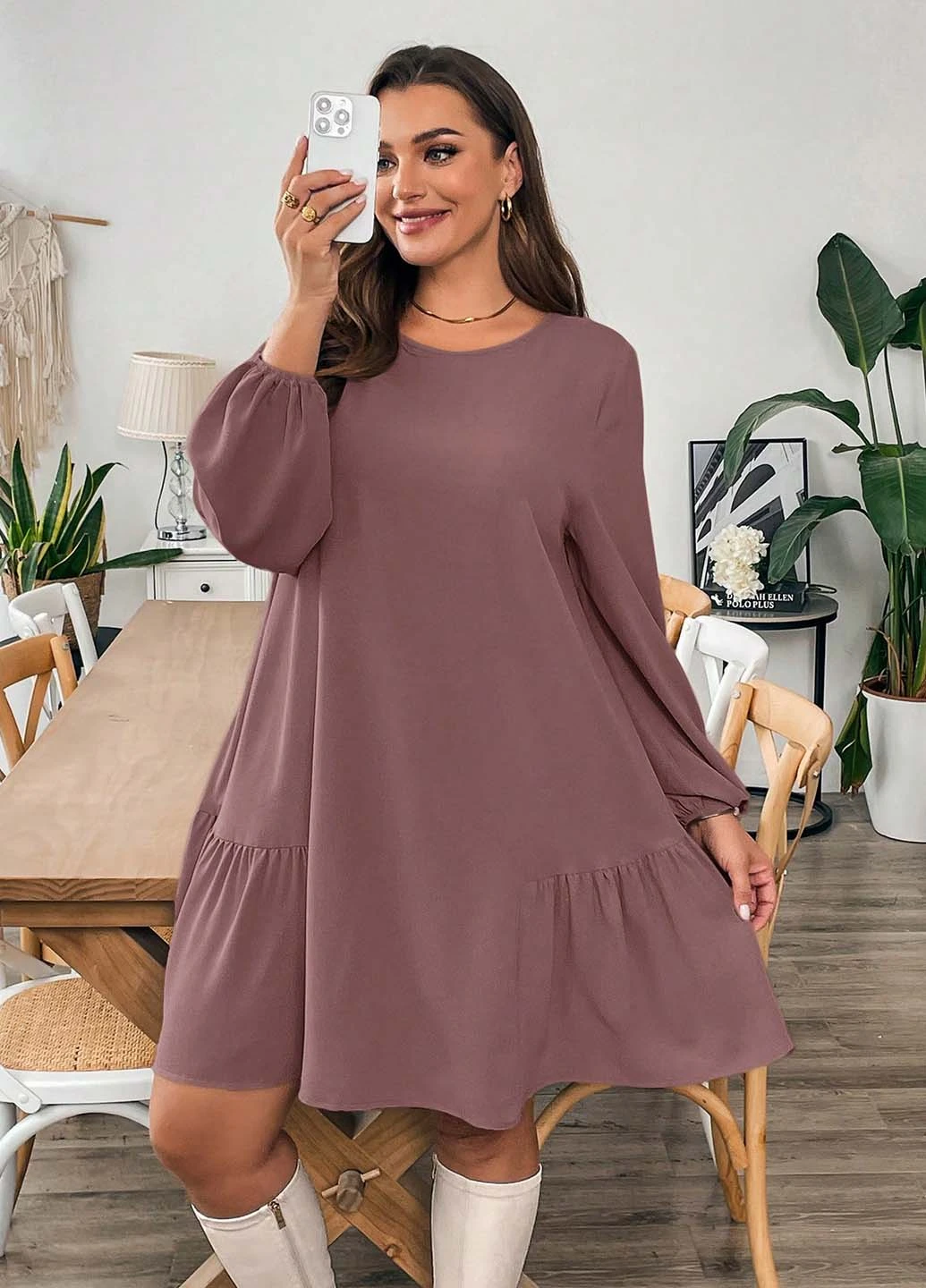 Розово-коричневое кэжуал платье а-силуэт SHEIN однотонное