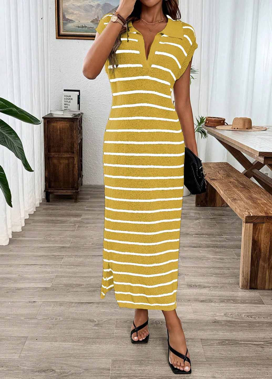 Желтое кэжуал платье платье-свитер SHEIN в полоску