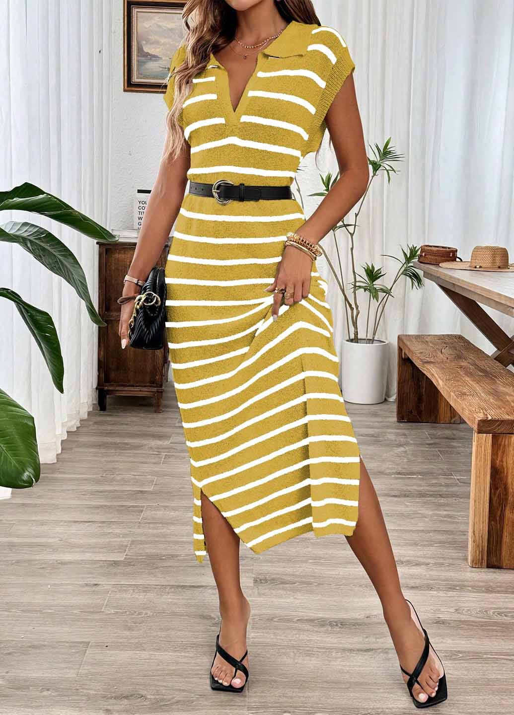 Желтое кэжуал платье платье-свитер SHEIN в полоску