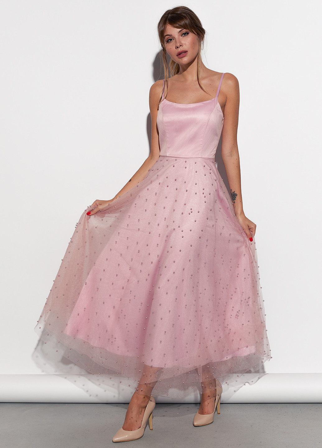 Розовое вечернее нежное платье с двухслойной юбкой Gepur