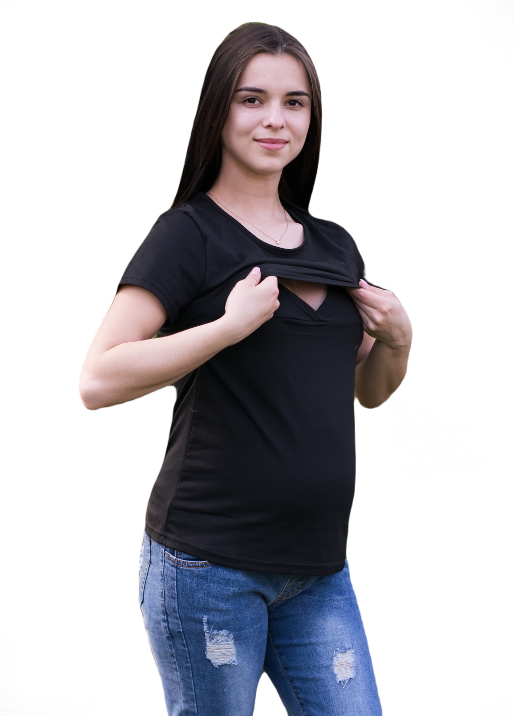 Чорна всесезон 8201 футболка для вагітних з секретом для годування чорна HN