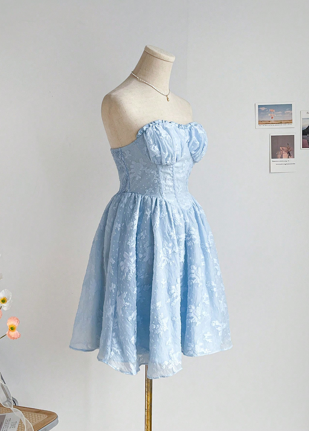 Голубое кэжуал платье бандо SHEIN с цветочным принтом