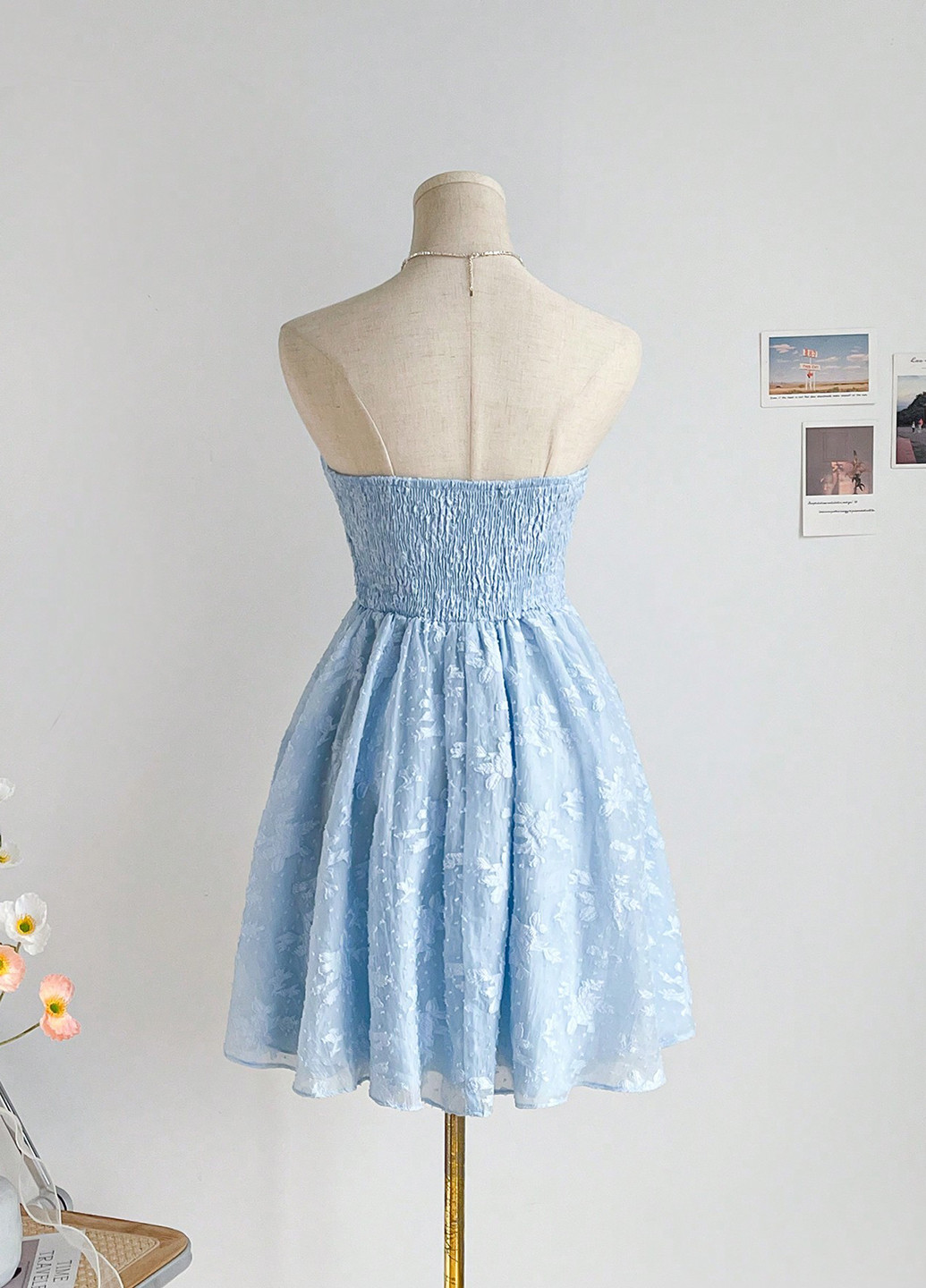 Голубое кэжуал платье бандо SHEIN с цветочным принтом