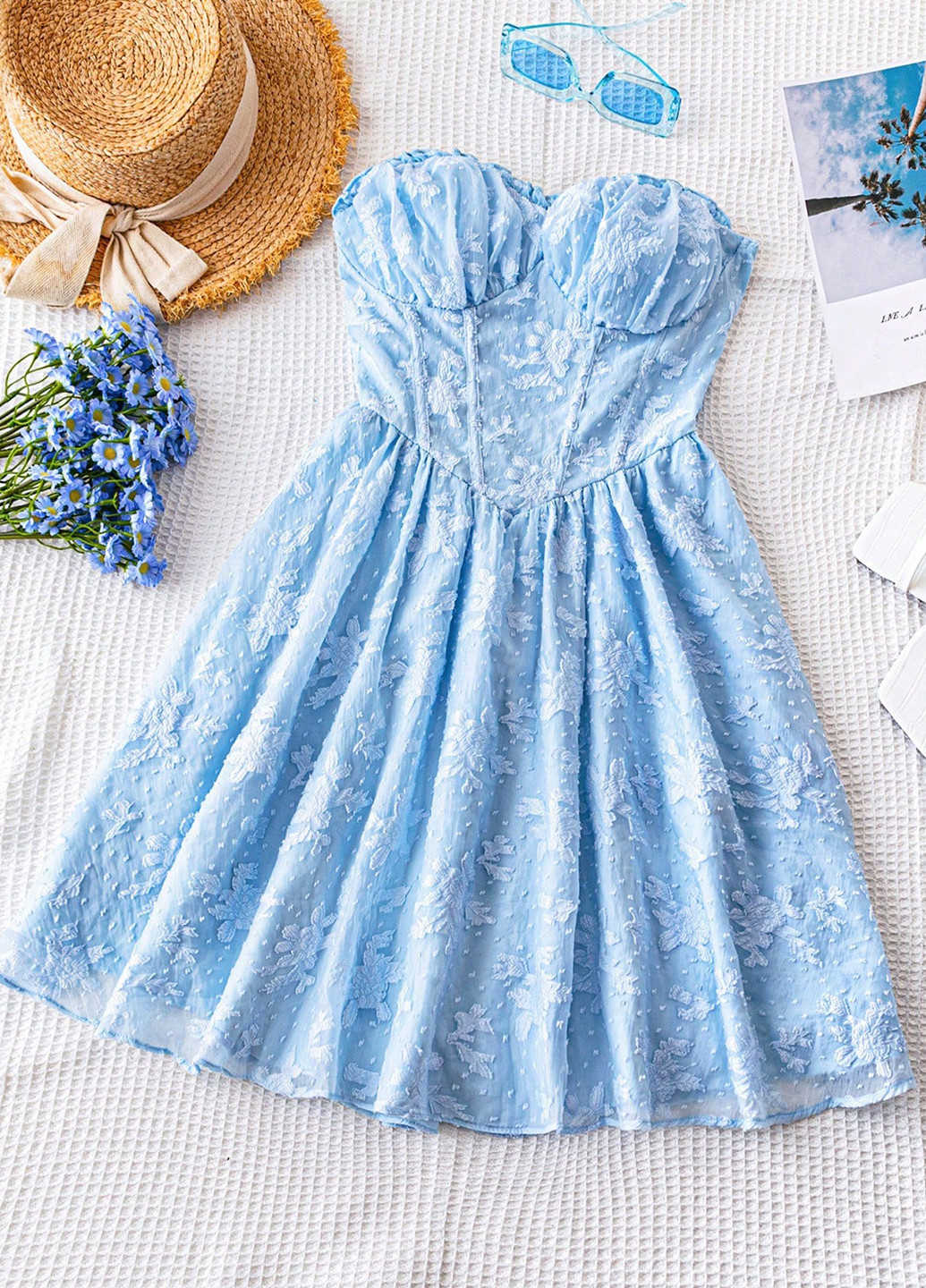 Голубое кэжуал платье бандо SHEIN с цветочным принтом