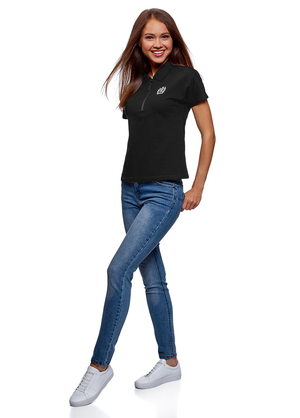 Черная женская футболка-поло Oodji с логотипом