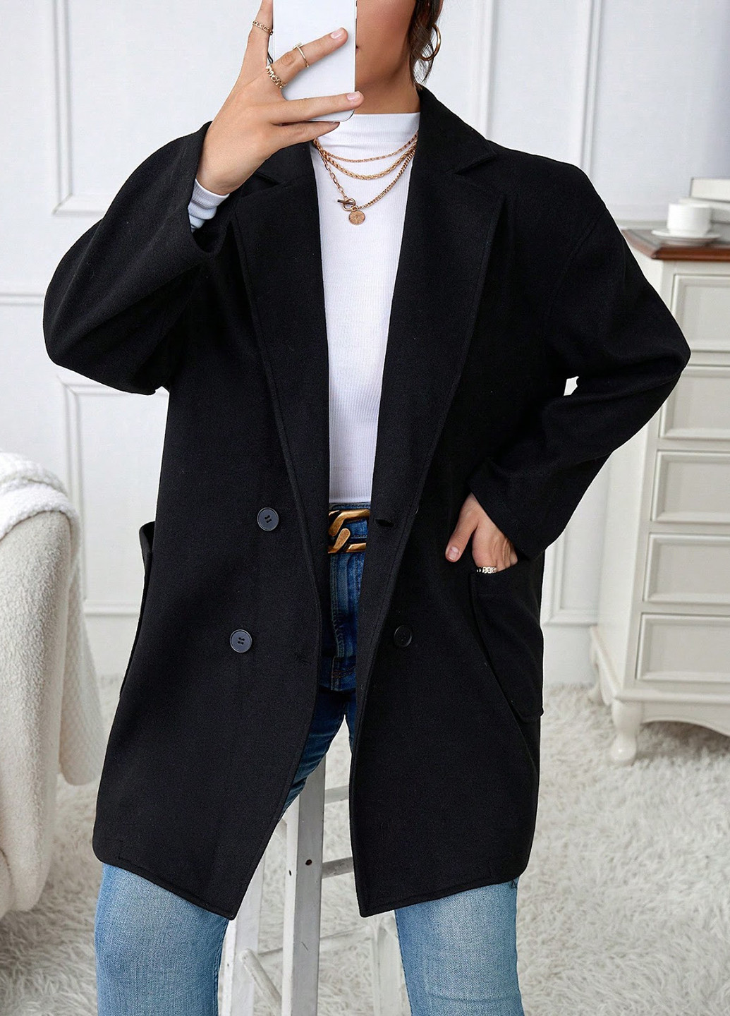 Чорне демісезонне Пальто двобортне SHEIN