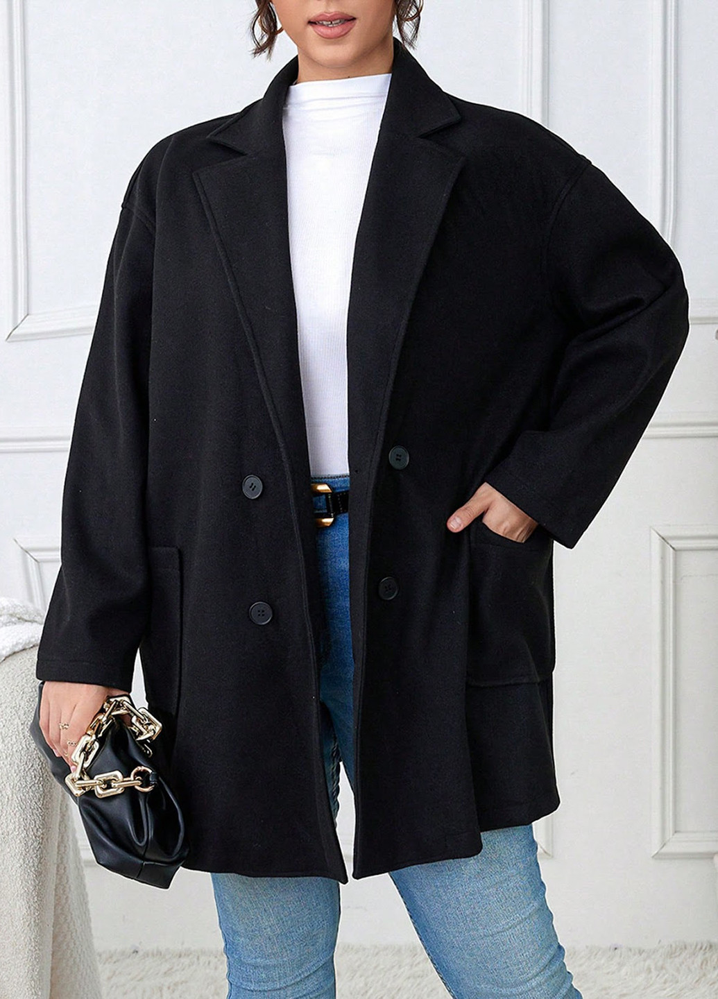 Чорне демісезонне Пальто двобортне SHEIN
