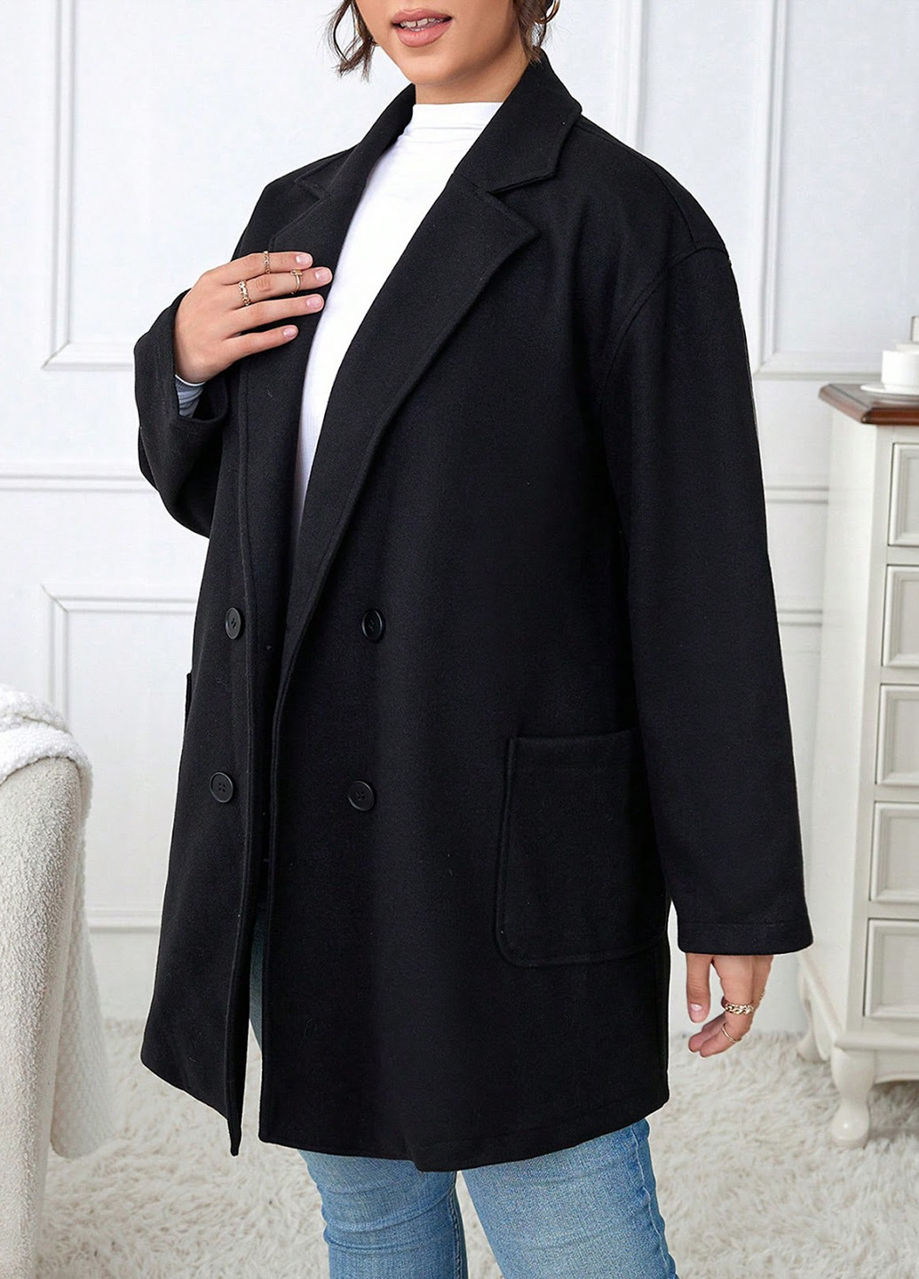 Чорне демісезонне Пальто двобортне SHEIN