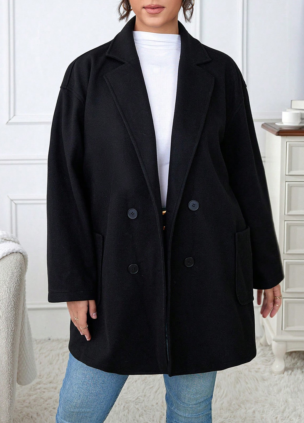 Чорне демісезонне Пальто двобортне SHEIN