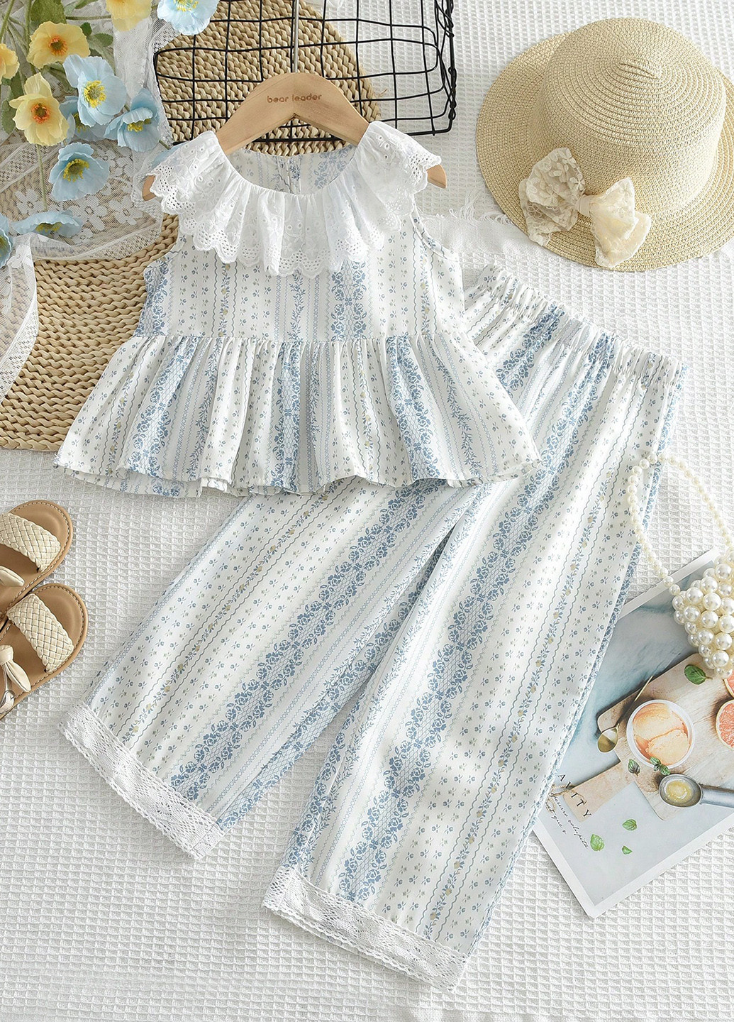 Молочний літній костюм (блуза, штани) SHEIN