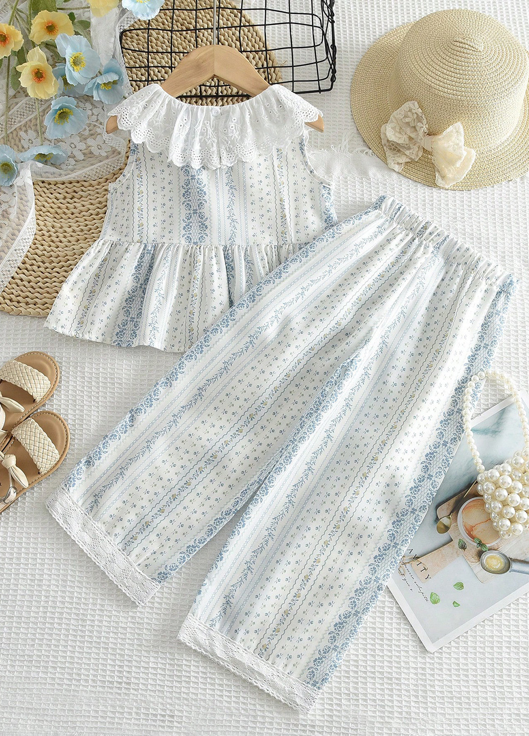 Молочний літній костюм (блуза, штани) SHEIN