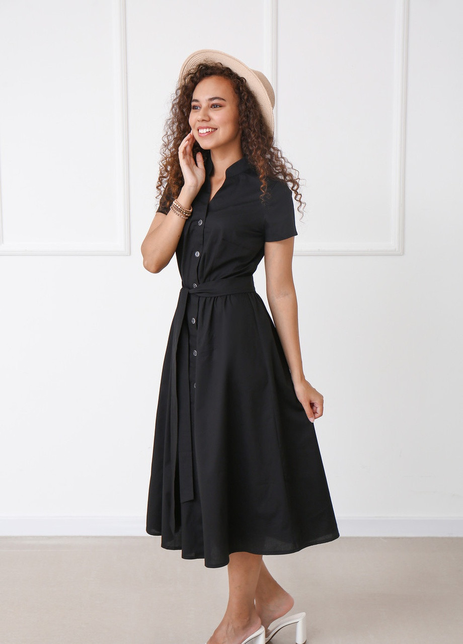 Черное кэжуал длинное коттоновое платье на пуговицах Fashion Girl однотонное