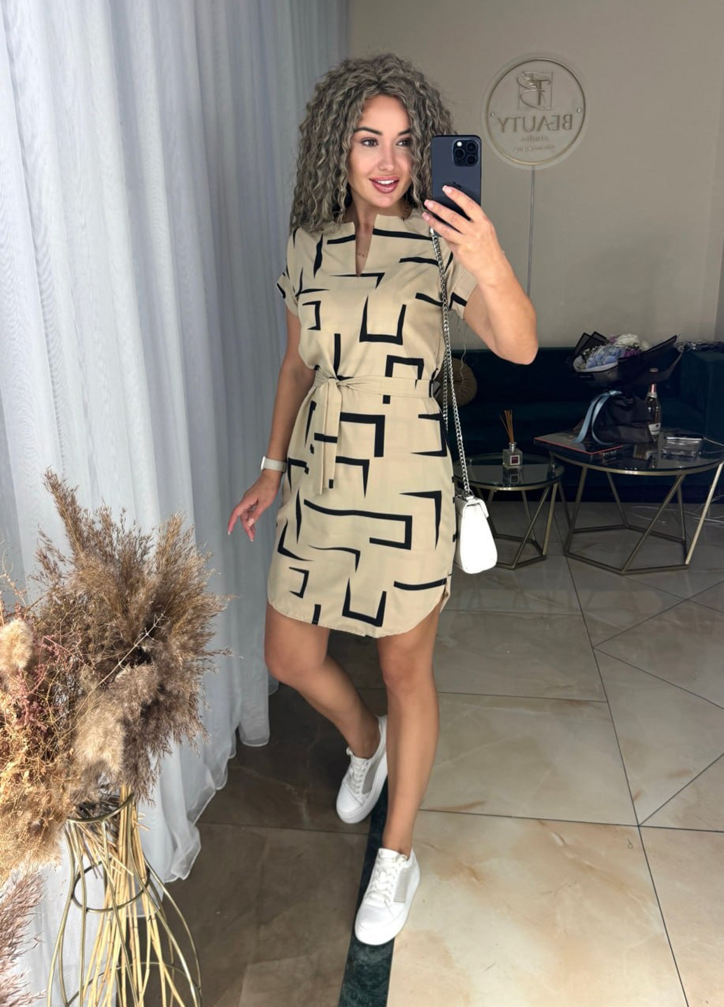 Бежева кежуал сукня No Brand з геометричним візерунком