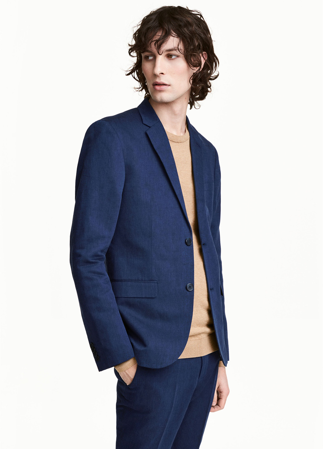 Пиджак H&M с длинным рукавом меланж тёмно-синий кэжуал