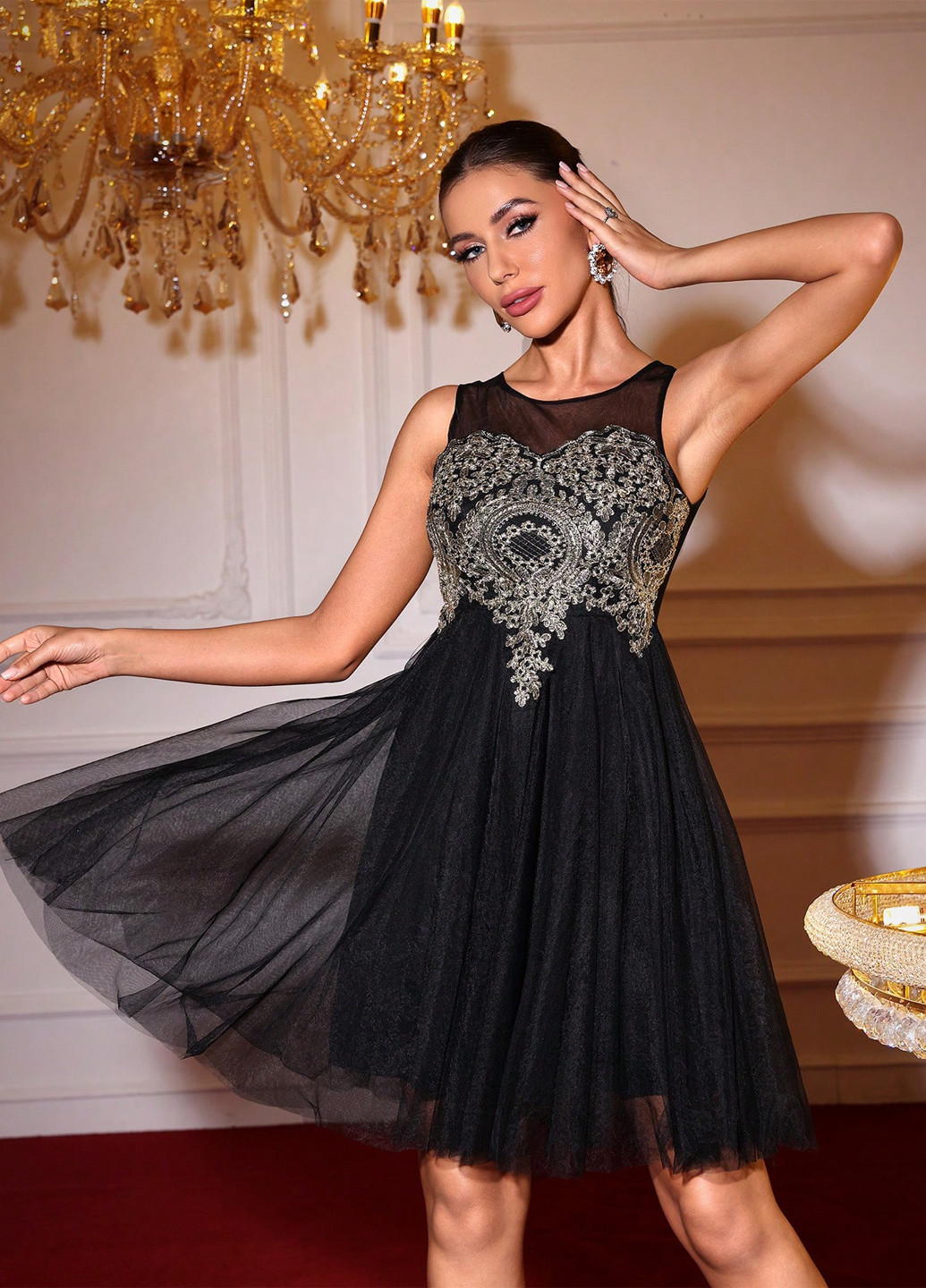 Чорна вечірня, святковий сукня а-силует, бебі долл SHEIN однотонна