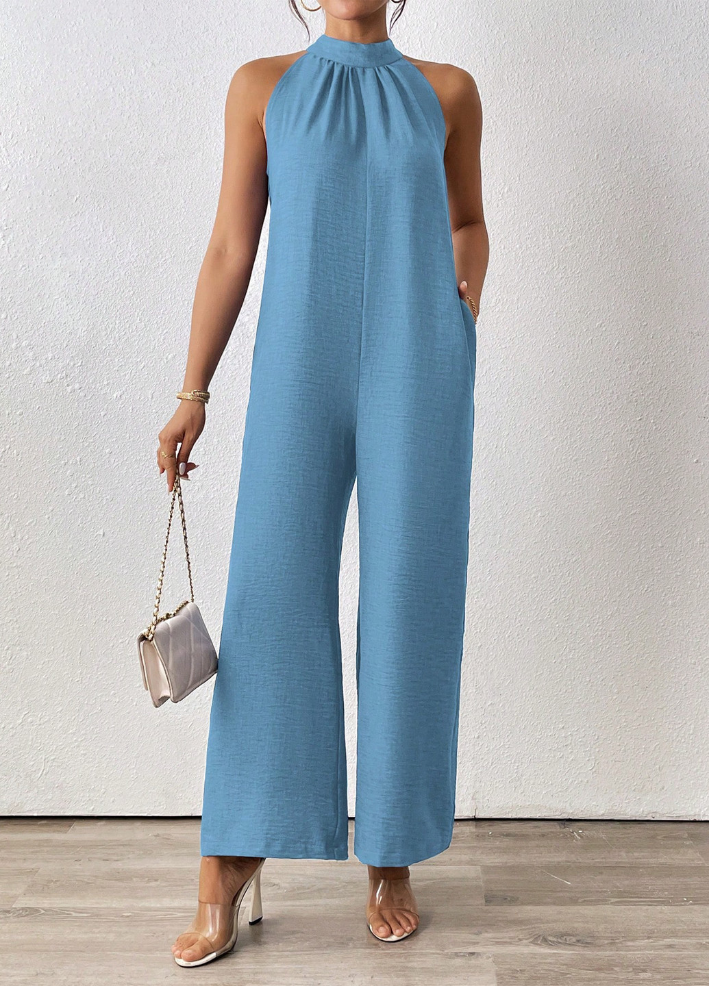 Комбінезон SHEIN комбінезон-брюки однотонний блакитний кежуал поліестер