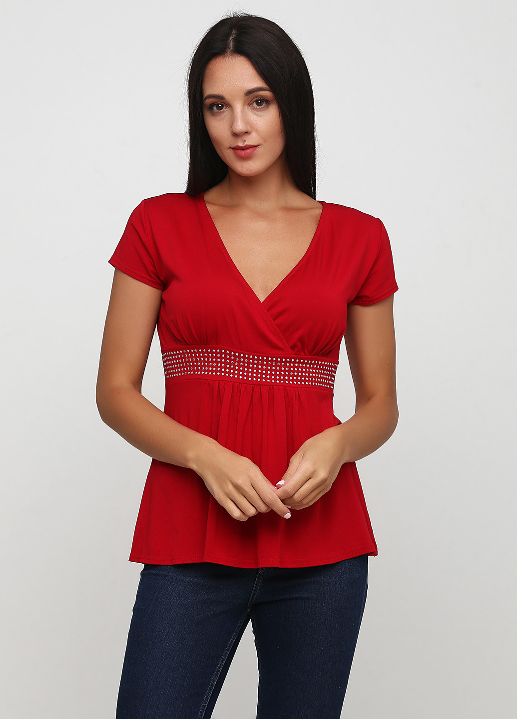 Темно-красная летняя блуза на запах, с баской Melrose