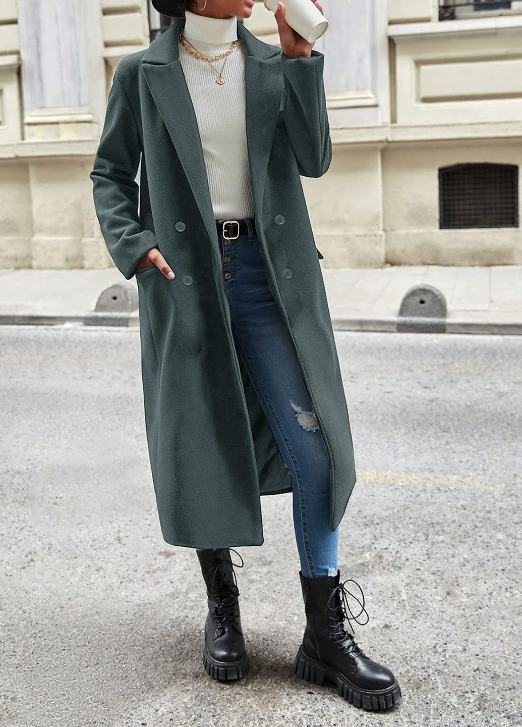 Темно-сіре зимнє Пальто двобортне SHEIN