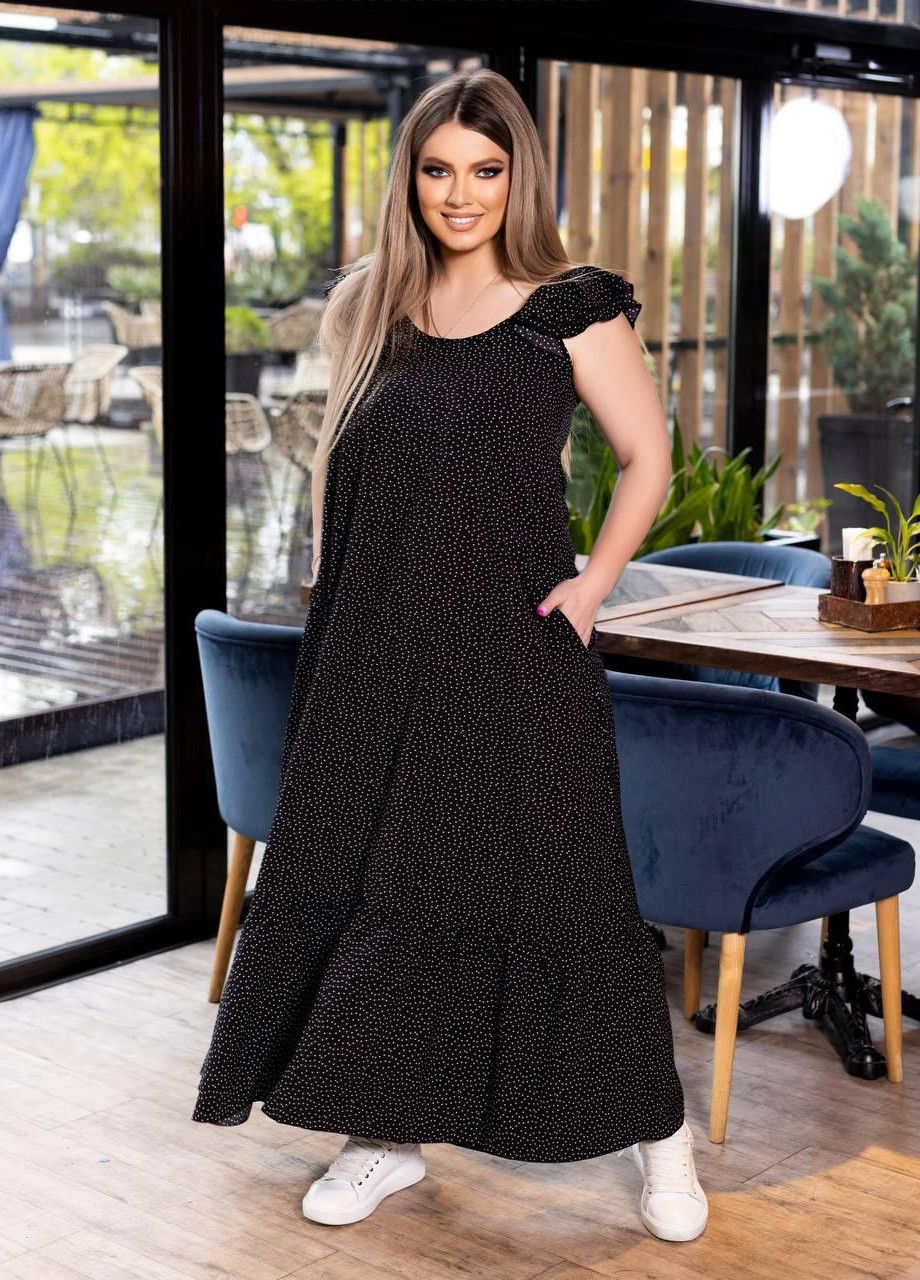 Чорна женский длиннй сарафан черного цвета в белй горох 358822 New Trend