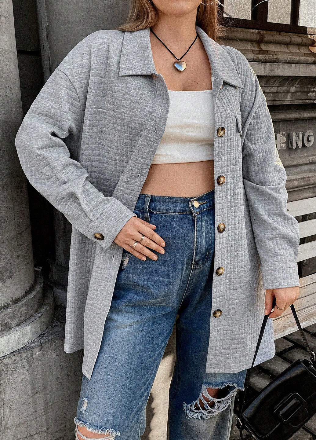 Світло-сіре Кежуал напівпальто однобортне SHEIN меланж