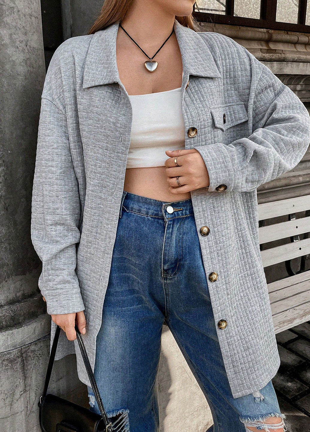 Світло-сіре Кежуал напівпальто однобортне SHEIN меланж