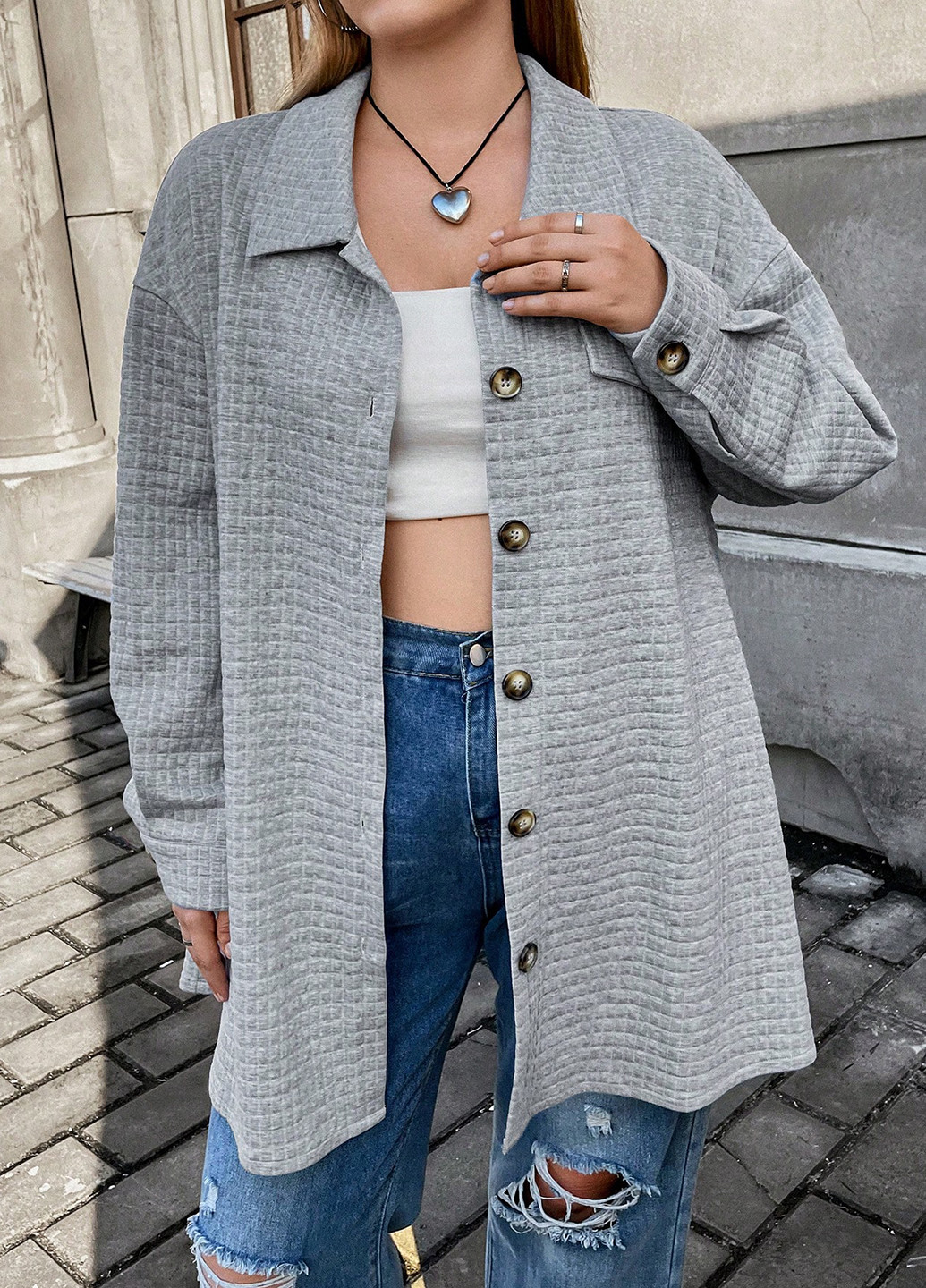 Світло-сіре Кежуал напівпальто однобортне SHEIN меланж