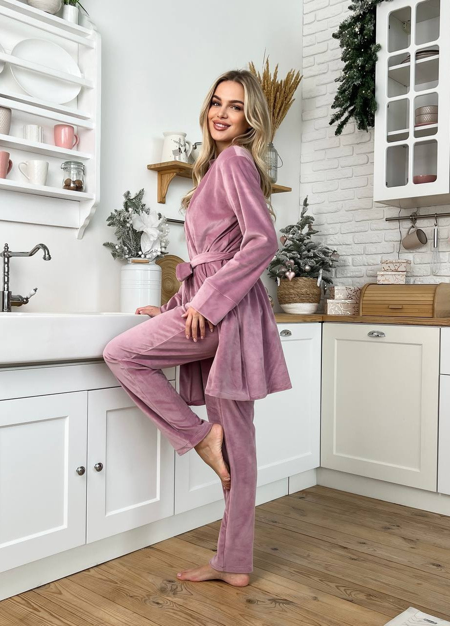 Розовая зимняя пижама тройка кофта + футболка + брюки Garna