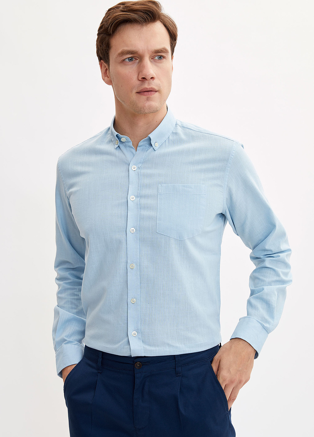 Светло-голубой кэжуал рубашка DeFacto с длинным рукавом