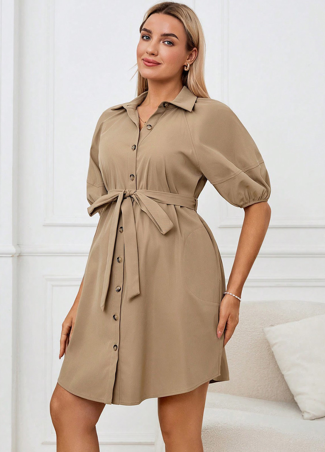 Темно-бежевое кэжуал платье для беременных рубашка SHEIN однотонное