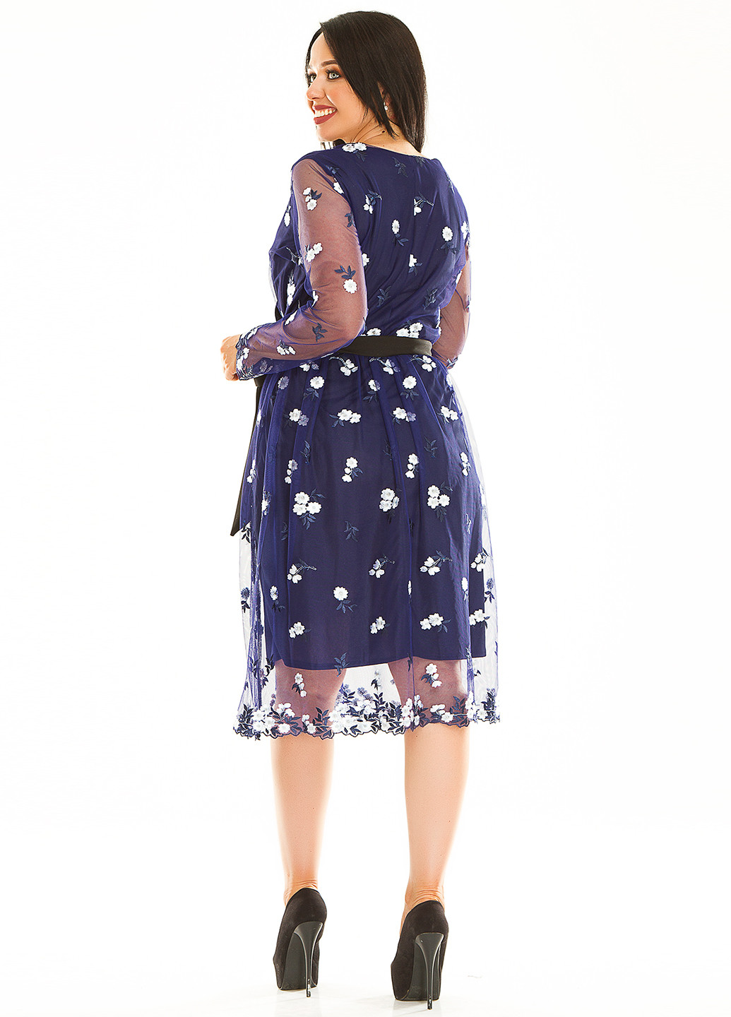 Темно-синее кэжуал платье на запах Primyana с цветочным принтом