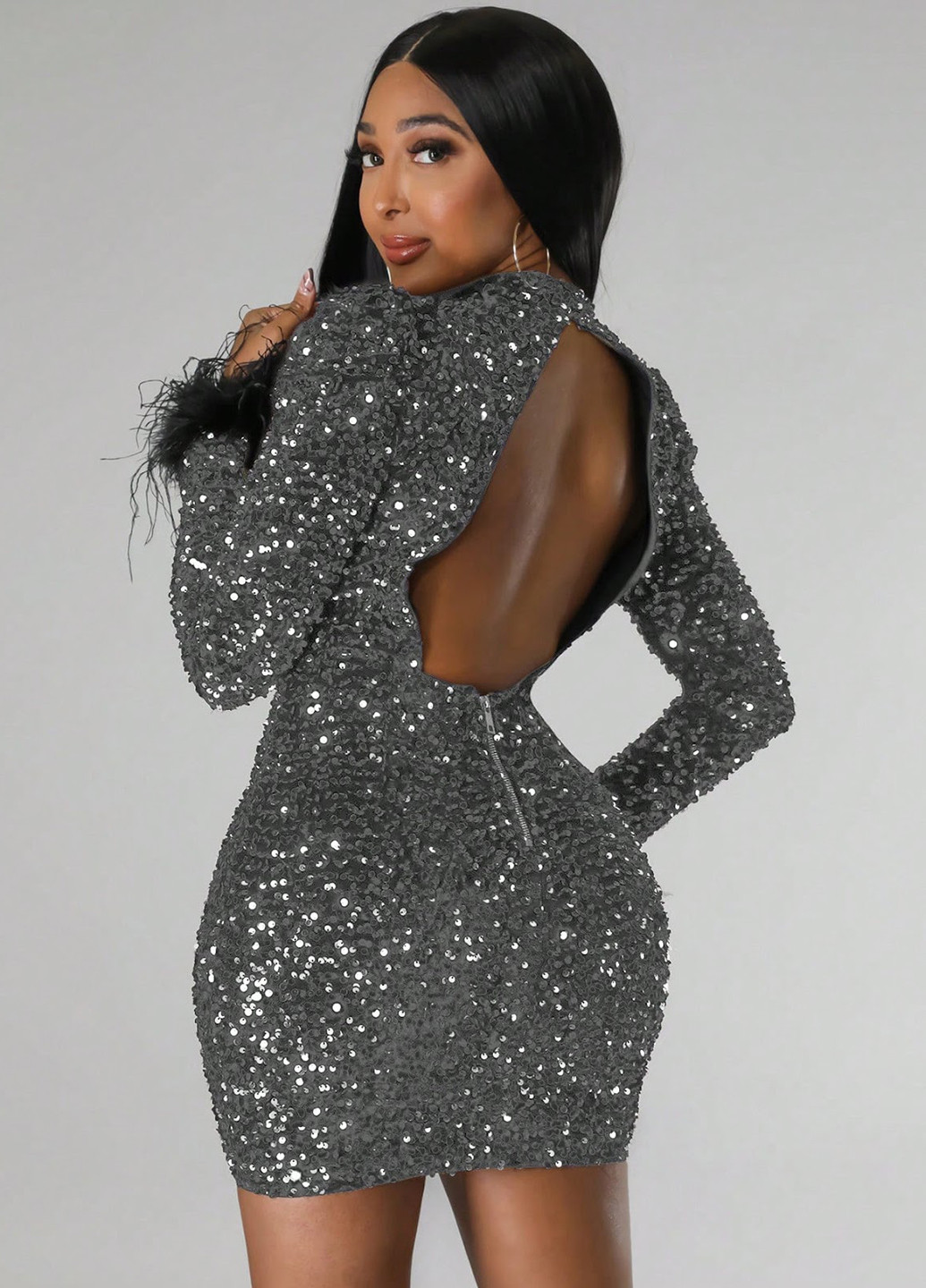 Серебряное вечернее платье силуэтная, с открытой спиной SHEIN однотонное