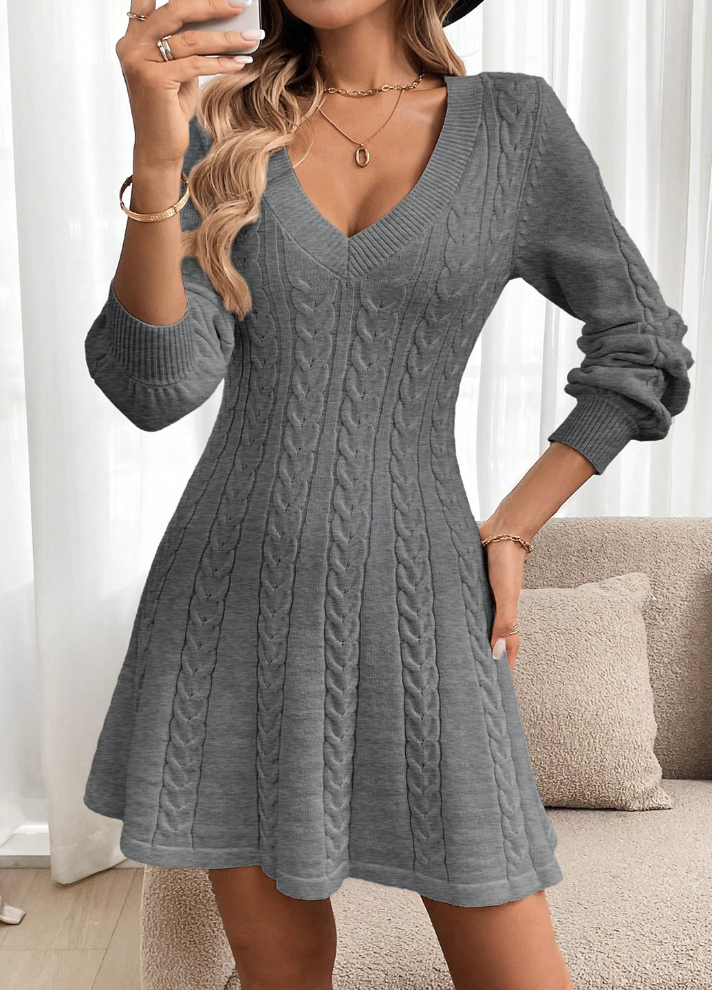 Сіра кежуал сукня кльош, сукня светр SHEIN однотонна