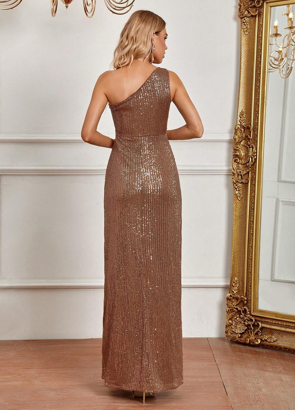 Світло-коричнева вечірня сукня на одне плече SHEIN однотонна