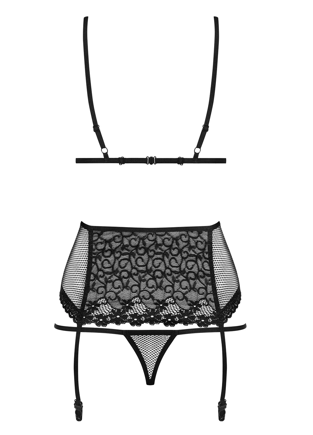 Черный демисезонный комплект (бюстгальтер, трусы, пояс для чулок) Obsessive
