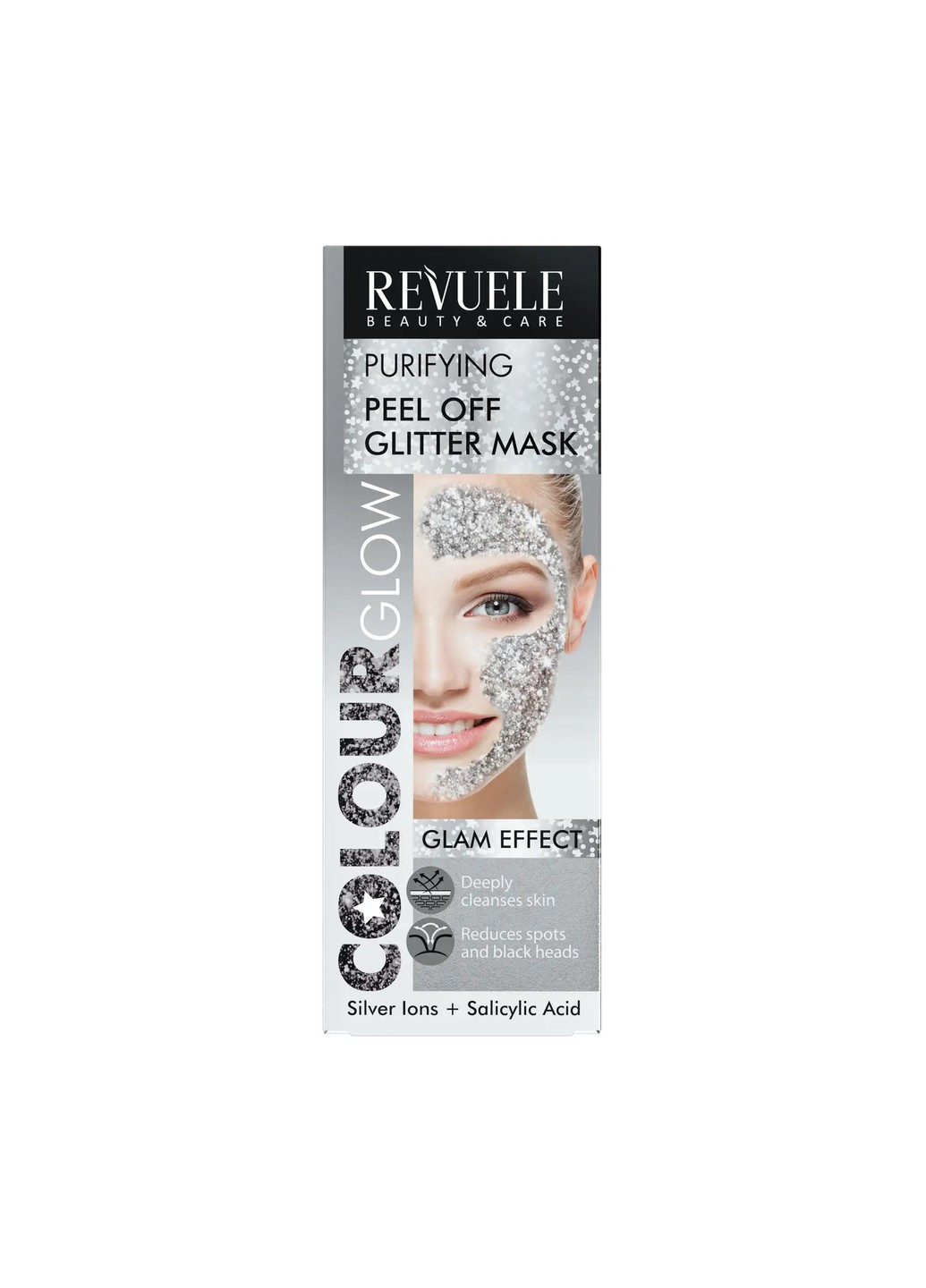 Серебристая очищающая блестящая маска-пленка для лица Color Glow 80 мл REVUELE (253477490)
