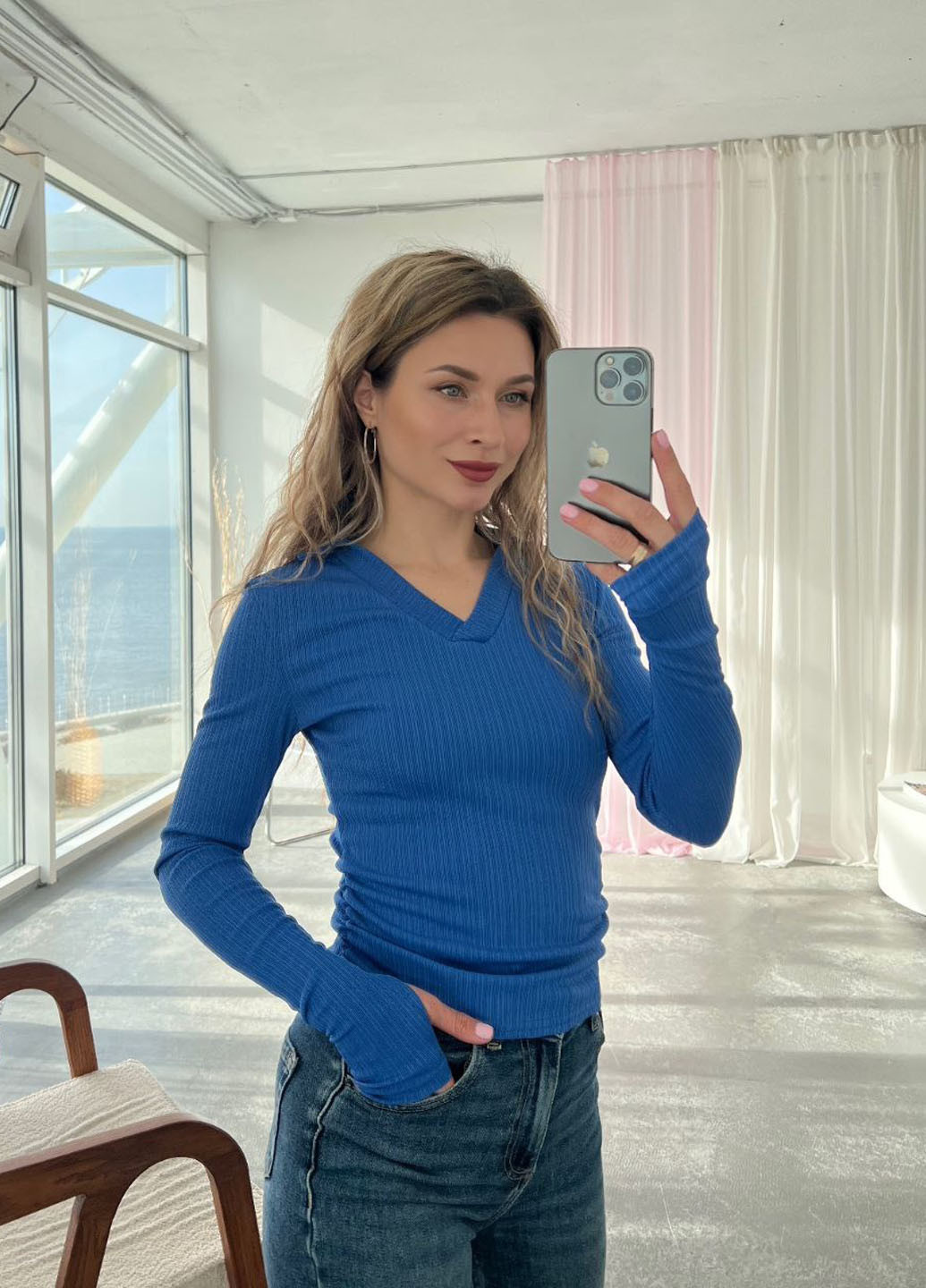 Синяя женская футболка-поло No Brand однотонная